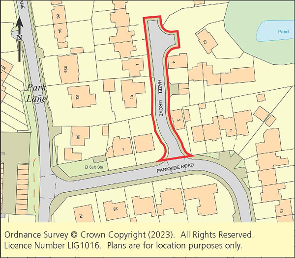 Lot: 87 - THREE FREEHOLD TITLES THAT COMPRISE THE ROADWAY OF HAZEL GROVE - Plan showing location of land for sale